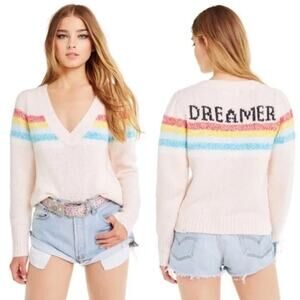 WILDFOX Marcel DREAMER Sweater Distressed Rainbow Long Sleeves V-Neck Size L